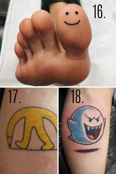 four different pictures showing how to get a tattoo on someone's arm and foot