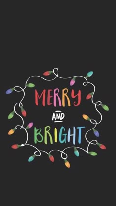 merry and bright christmas card with lights in the middle on a black background, which reads merry