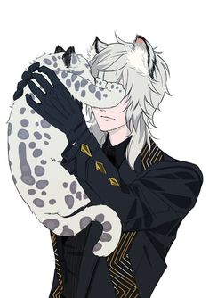 an anime character with white hair holding a dalmatian in his arms and looking at the camera