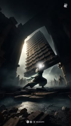 a man is kneeling down in front of a tall tower with light coming from it