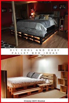 pallet bed made out of wooden crates with text overlay reading diy cool and easy pallet bed ideas