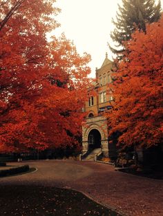 an old building surrounded by trees with orange leaves