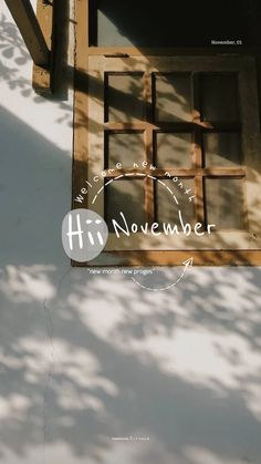 an advertisement with the words november written in white and brown on it's side