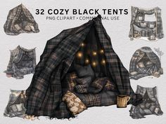 there are many black tents with lights in them and some blankets on the ground around them