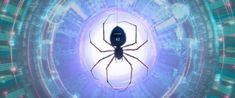 a large spider sitting on top of a purple and blue object in the center of a circle