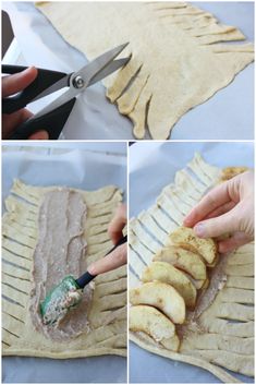 the process of making homemade apple pies is shown in three different pictures, including one being cut into slices