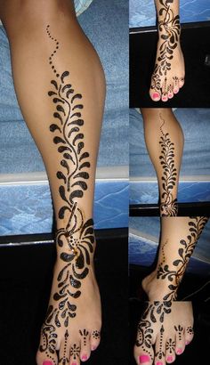 the legs and feet of a woman with henna tattoos