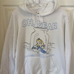 Nwot Alice In Wonderland White Drawstring Hoodie Kangaroo Pocket “Oh, Dear I Do Wish I Hadn’t Cried So Much “ In Light Blue Lettering Measurements In Pics Size M Kangaroo Pocket Hoodie, Disney Tops, Drawstring Hoodie, Colorful Hoodies, Alice In Wonderland, Kangaroo Pocket, Kangaroo, Light Blue, Womens Tops