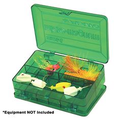 a green box filled with different types of fishing lures