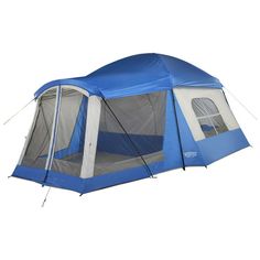 an image of a blue and white tent with the inside door open to show it's sidewalls