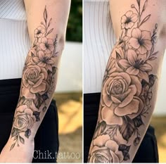 two images show the same arm with flowers on it and one has a flower tattoo