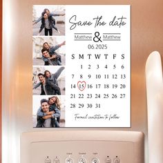 save the date magnets on top of a refrigerator