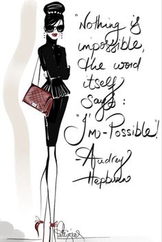 a drawing of a woman holding a purse and wearing a black dress with writing on it