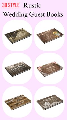 the wedding guest books are shown in four different colors and sizes, including brown, pink,