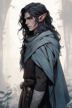 a man with black hair and an elf's head is standing in the woods