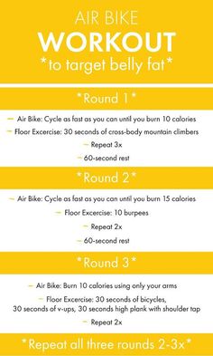 a yellow and white poster with instructions on how to use the air bike workouts