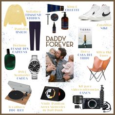 a collage of fathers day items including shoes, watch, camera and other things