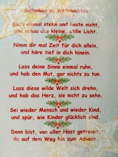 a christmas poem written in german on a white background with red and green stars around it