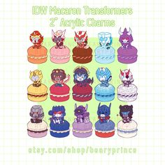 an image of different types of cakes and cupcakes with the words dw macroon transformers 2 acrylic charms