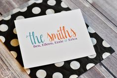 the smiths logo is displayed on top of a polka dot paper napkin that reads,'ben, ellen, ezezge & erica