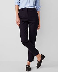 Elevate your wardrobe with the Ann Taylor High Rise Eva Ankle Pant, a modern twist on classic tailoring. These pants are designed to enhance your silhouette with a slim, cropped leg that hits just at the ankle, perfect for showcasing your favorite footwear.

- Size: 12 Regular
- Color: Atlantic Navy
- Material: 92% Cotton, 8% Spandex
- Gender: Female
- Fit: Tailored and fitted
- Rise: High rise, sits 1/2" to 1" below natural waist
- Length: Ankle length with a 27 1/2" inseam and 14 1/2" leg open Fitted Capris For Workwear In Fall, Fitted Capris For Fall Workwear, Mid-rise Capris For Fall Workwear, Tapered Leg Capris For Workwear, Spring Workwear Pants With 5-inch Inseam, Non-stretch Ankle-length Work Pants, Non-stretch Ankle-length Black Pants, Comfort Stretch Black Ankle-length Pants, Black 4-way Stretch Ankle-length Dress Pants