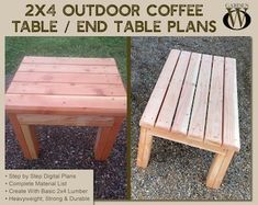 a wooden table sitting on top of gravel next to a small bench with the words 24 outdoor coffee table / end table plans