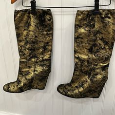 Authentic Chanel, Jean Like Material, Tall, Wedge Boots. Gently Used, Fit For A Fabulous Lady That Likes To Be Unique! Tall Wedge Boots, Gold Wedge Heels, Gold Boots, Prada Fashion, Gold Wedges, Wedge Heel Boots, Chanel Black, Wedge Boots, Heel Boots