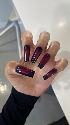 Pretty Square Nails Long, Black And Red Aura Nails, Opera Nails, Aura Nails Red, Burgundy Acrylic Nails, Plum Nails, Long Acrylic Nail Designs, Glow Nails, Classic Nails