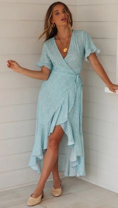 F00172821-203 Flirty Fitted V-neck Wrap Dress, Fitted V-neck Sundress, Flirty V-neck Spring Dress, Flirty Non-stretch Mini Dress, Fitted V-neck Maxi Dress With Ruffles, Feminine V-neck Wrap Dress For Summer, Fitted V-neck Sundress With Ruffles, Fitted Maxi Sundress For Brunch, Fitted Maxi Length Sundress For Brunch