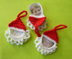 crocheted christmas ornaments with an ornament and photo hanging from the top