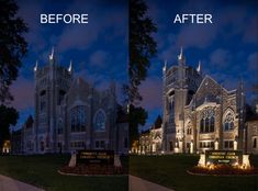 Image of a building lit-up with NiteLites outdoor lighting. Commercial Outdoor Lighting, Save Electricity