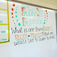 a white board with writing on it in front of a bulletin board that says what is one thing craft, recipe or project that you would like to learn to make