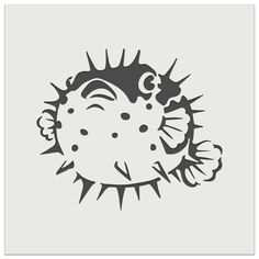 a black and white drawing of a puffer fish with spikes on it's head