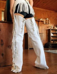 Chaps With Fringe, Flashy Cowboy Outfit, Diy Assless Chaps, Cowgirl Outfits Chaps, Chap Pants Outfit, Cowboy Chaps Outfit, Assless Chaps Cowgirl Costume