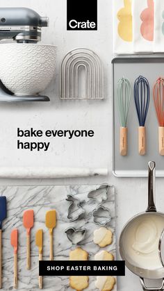 an assortment of kitchen utensils and baking supplies are featured in this ad for crate