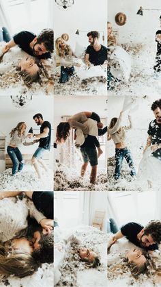 a collage of people laying on top of a bed with white sheets and pillows