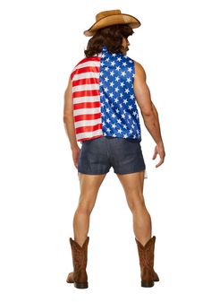 Cowboy Costume For Men, American Flag Bandana, White Sleeveless Shirt, American Cowboy, Country Party, 90s Country, Cowboy Costume, Cowboys Men, Striped Vests