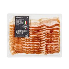 sliced smoked bacon in plastic container with italian flag sticker on the side, isolated on white background