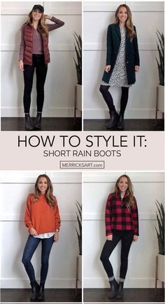 Short Black Rain Boots Outfit Winter, How To Style Chelsea Rain Boots, What To Wear With Rain Boots Outfits, Rain Boot Work Outfit, Fall Black Boots Ankle Outfits, How To Style Hunter Chelsea Boots, Black Rain Boots Outfit Fall, Boots Outfit For Women Fall, Trendy Outfits With Boots