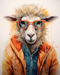 a painting of a sheep with glasses on it's head and wearing an orange jacket