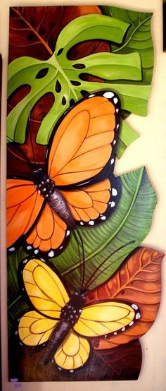 a painting of three orange butterflies sitting on top of green leaves