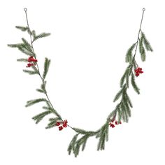 an embroidered christmas garland with red berries and green leaves on white background, isolated from above