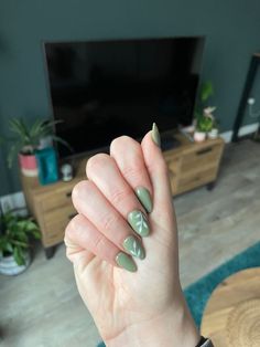 Fall Nails Green Almond, Almond Shaped Olive Green Nails, Sage Leaf Nails, Sage Green French Tip Nails Almond Short, French Tip With Leaf Design, Nails Floral Simple, Sage Green And Ivory Nails, Sage Green Nails With Heart, Sage Green Nails With Leaf Design