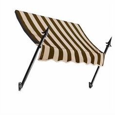 an awning with black metal legs and brown stripes on it's sides, set against a white background