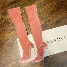 Brand New In Box Never Worn Size 38 Gorgeous Velvet Boot By Italian Designer Casadei. Color: Blush Comes With Box, Dust Bag, And Replacement Heel Covers. Over The Knee Thigh High Style With A Gold Blade Heel. These Boots Are Gorgeous And Total Show-Stoppers! Elegant Pink Evening Boots, Luxury Pink Boots For Formal Occasions, Luxury Pink Party Boots, Luxury Fitted Pink Boots, Luxury Pink Fitted Boots, Pink Knee-high Heeled Boots For Winter, Pink Knee-high Evening Boots, Blue Knee High Boots, Pink Thigh High Boots Platfrom