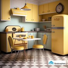 a yellow refrigerator sitting in the middle of a kitchen next to a table and chairs