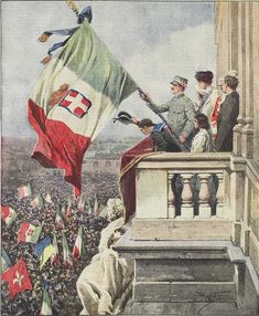 an old painting of men on top of a building with flags flying in the air