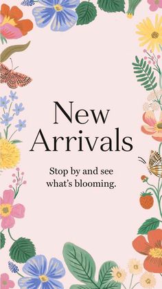 the cover of new arrivals, featuring colorful flowers and butterflies on pink background with text