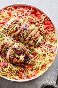 chicken lo meine with tomatoes and parmesan cheese