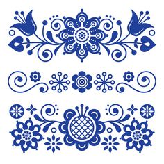 decorative elements in the style of art period, including blue flowers and leaves on white background